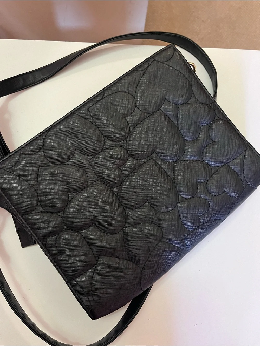 Betsey Johnson Black Quilted Heart Crossbody with Gold Heart Accent